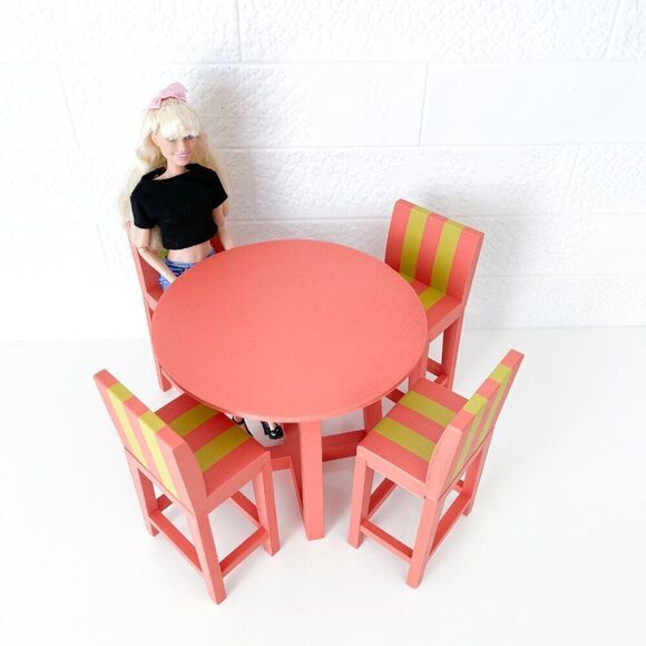 Miniature Barbie Bistro Table 4  MCM Striped Chairs Dollhouse Furniture - Picture 12 of 12